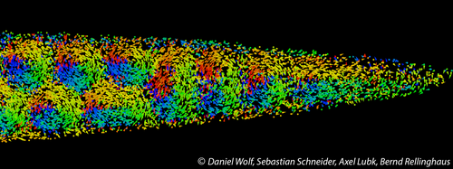 On-axis view on the magnetic whirls of skyrmion tubes in a needle-shaped sample of FeGe. Copyright: Daniel Wolf, Sebastian Schneider, Axel Lubk, Bernd Rellinghaus.